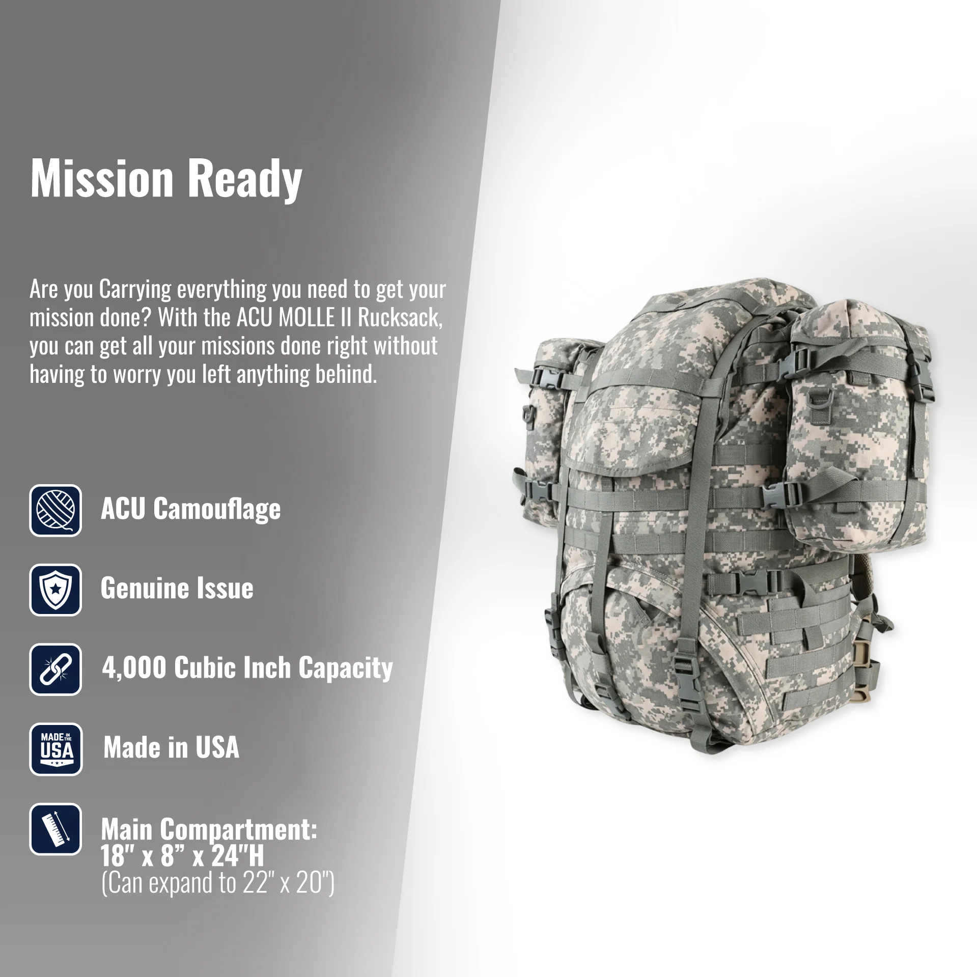 Large ACU MOLLE II Rucksack with Sustainment Pouches - Image 5